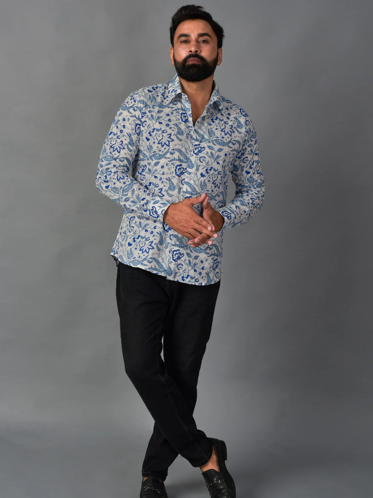 Soothing Blue Men’s Handblock Full Sleeve Shirt - Woven with Purpose, Worn with Pride