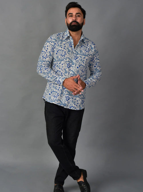Soothing Blue Men’s Handblock Full Sleeve Shirt - Woven with Purpose, Worn with Pride