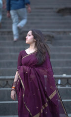 Handwoven Plum Maheshwari Saree with Zari Border