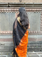 Handwoven Black & Rust Maheshwari Saree with Zari Border – Malhar Handloom