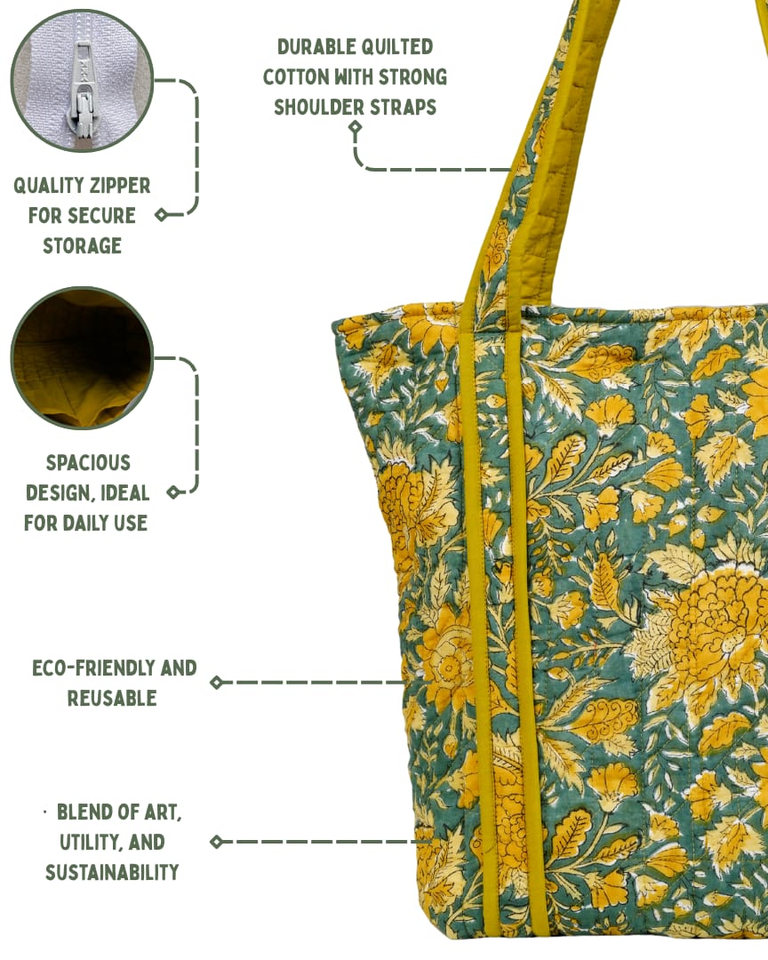 Handcrafted Floral Quilted Cotton Tote Bag – Mustard & Teal | Eco-Friendly & Spacious