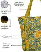 Handcrafted Floral Quilted Cotton Tote Bag – Mustard & Teal | Eco-Friendly & Spacious