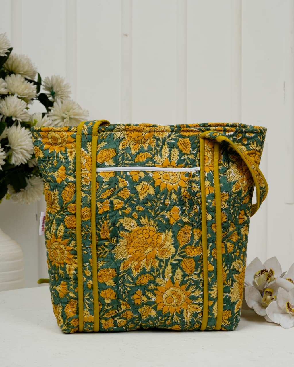 Handcrafted Floral Quilted Cotton Tote Bag – Mustard & Teal | Eco-Friendly & Spacious