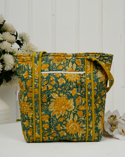 Handcrafted Floral Quilted Cotton Tote Bag – Mustard & Teal | Eco-Friendly & Spacious