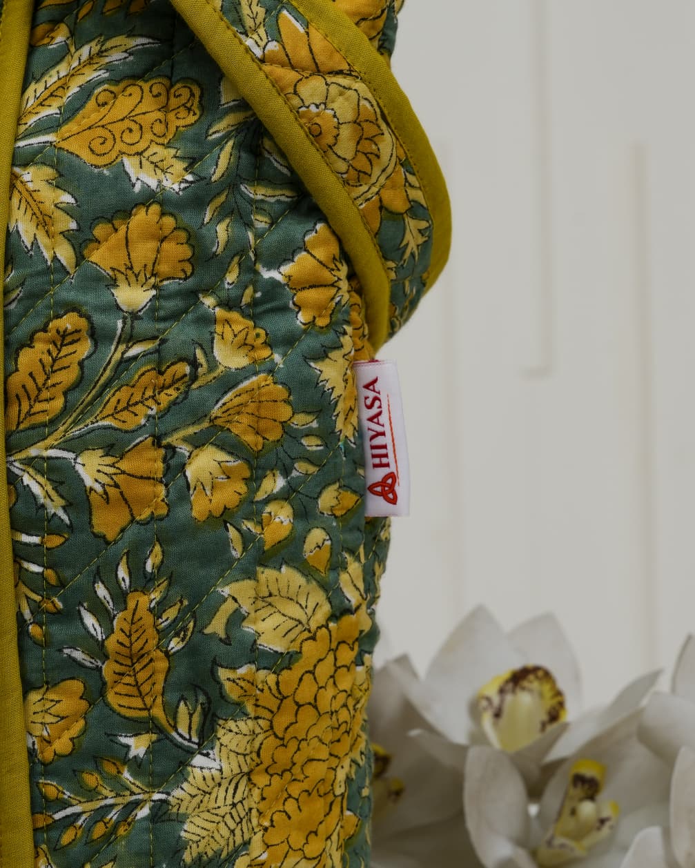 Handcrafted Floral Quilted Cotton Tote Bag – Mustard & Teal | Eco-Friendly & Spacious