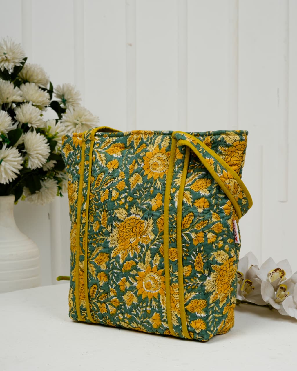 Handcrafted Floral Quilted Cotton Tote Bag – Mustard & Teal | Eco-Friendly & Spacious