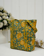 Handcrafted Floral Quilted Cotton Tote Bag – Mustard & Teal | Eco-Friendly & Spacious