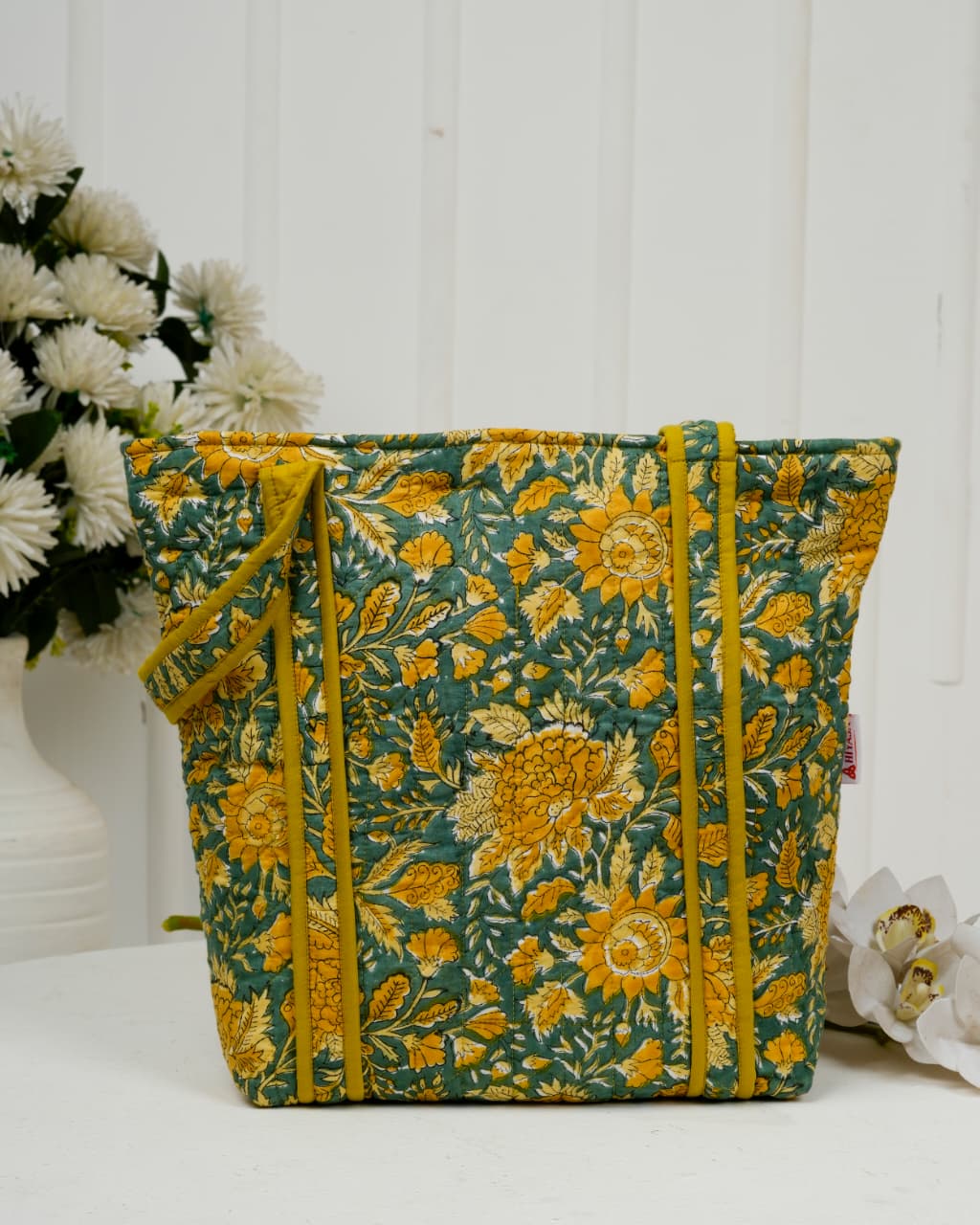 Handcrafted Floral Quilted Cotton Tote Bag – Mustard & Teal | Eco-Friendly & Spacious