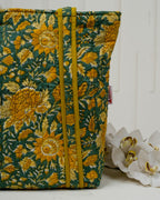 Handcrafted Floral Quilted Cotton Tote Bag – Mustard & Teal | Eco-Friendly & Spacious