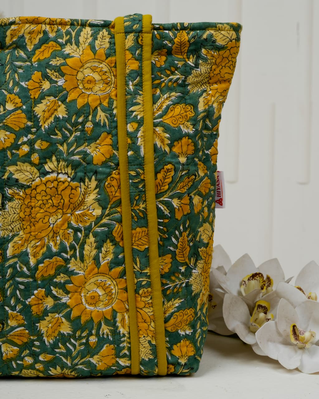 Handcrafted Floral Quilted Cotton Tote Bag – Mustard & Teal | Eco-Friendly & Spacious