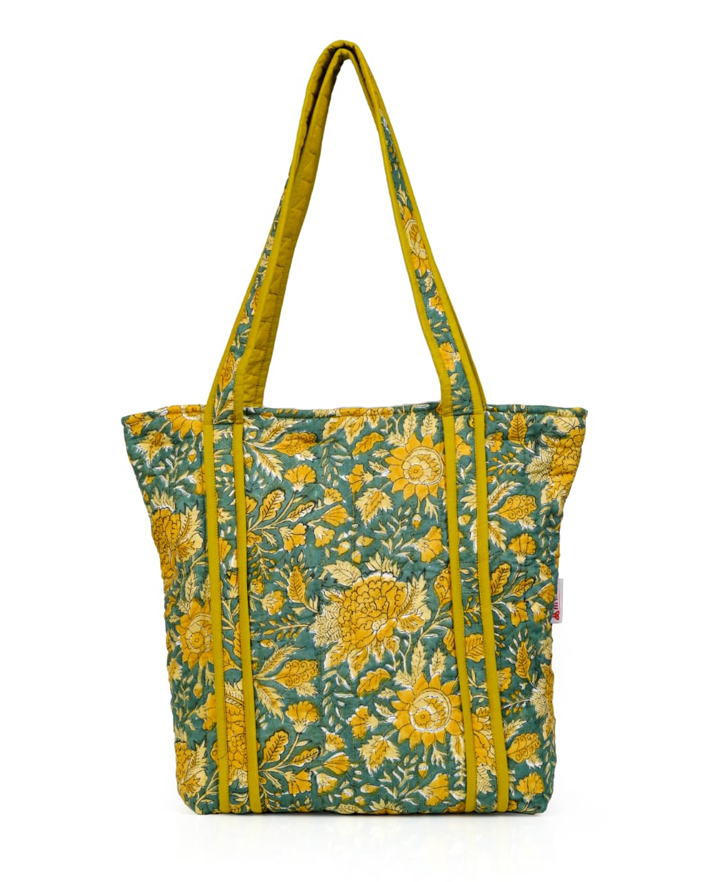Handcrafted Floral Quilted Cotton Tote Bag – Mustard & Teal | Eco-Friendly & Spacious