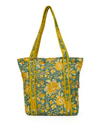Handcrafted Floral Quilted Cotton Tote Bag – Mustard & Teal | Eco-Friendly & Spacious