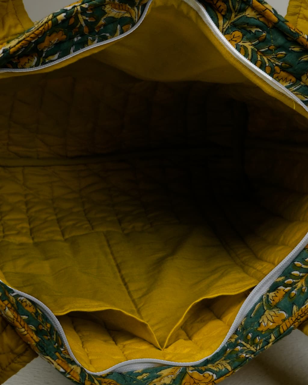 Handcrafted Floral Quilted Cotton Tote Bag – Mustard & Teal | Eco-Friendly & Spacious